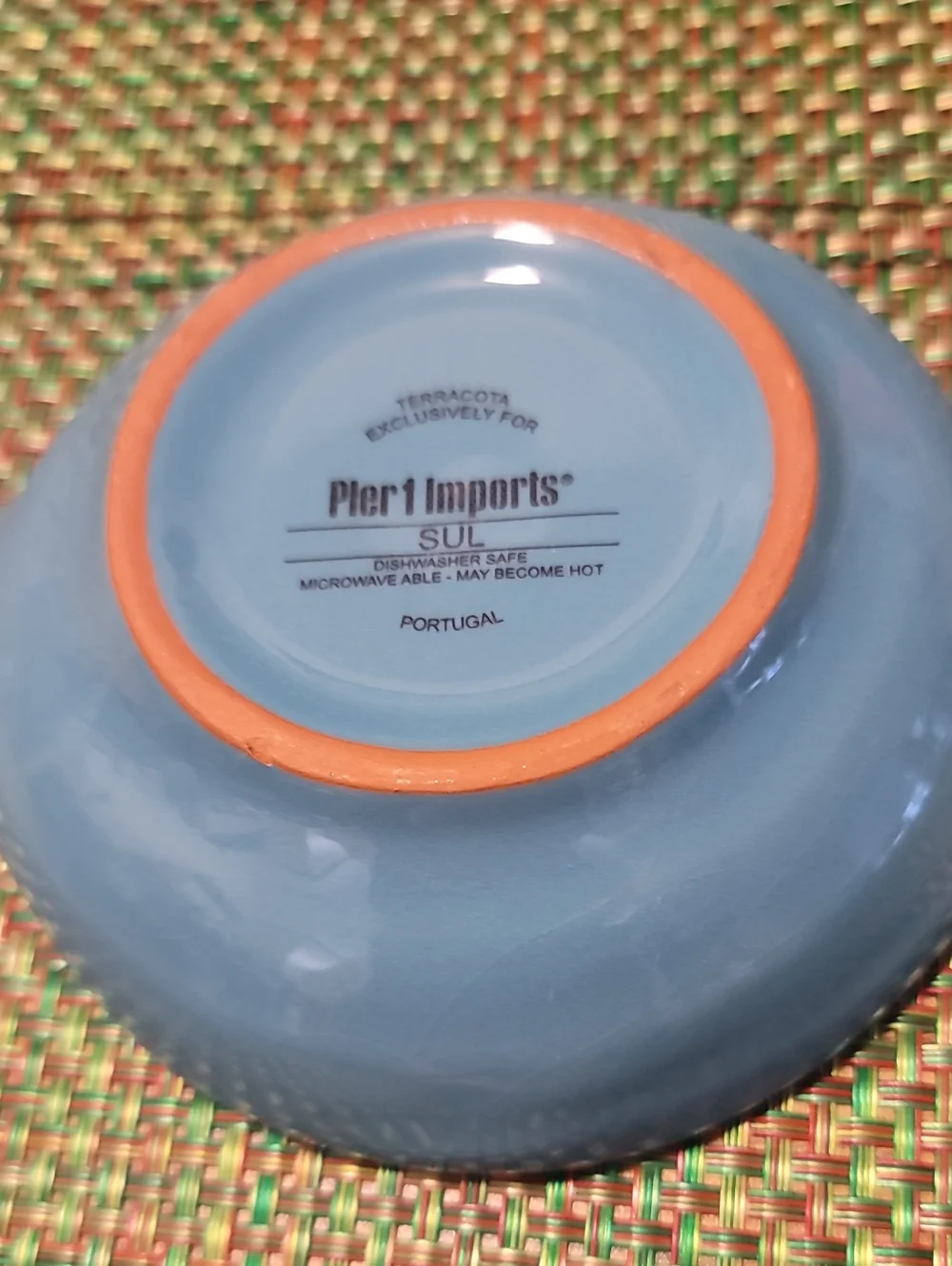 Pier 1 Blue Ceramic Dishes with Orange Rim - Set of 4